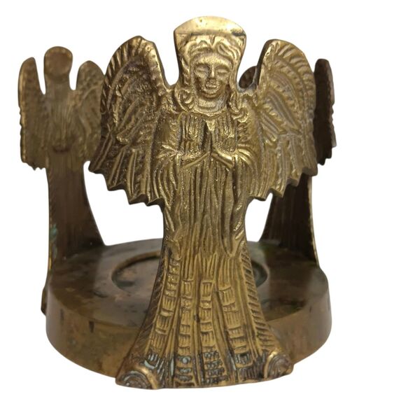 Vintage Brass 3 Angel Pillar Candle Holder Round 5"x5.5" Christmas Easter Decor - Picture 3 of 12